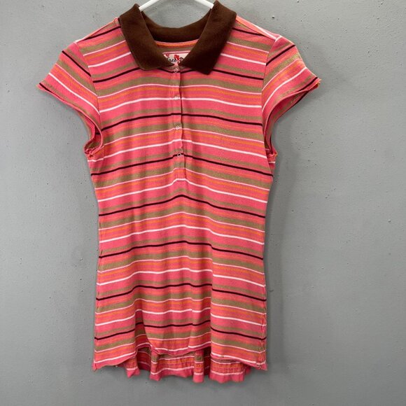 Vintage Y2K Free People Babydoll Polo Shirt Top L Pink Brown Stripe Raw Hem Boho - Picture 1 of 8